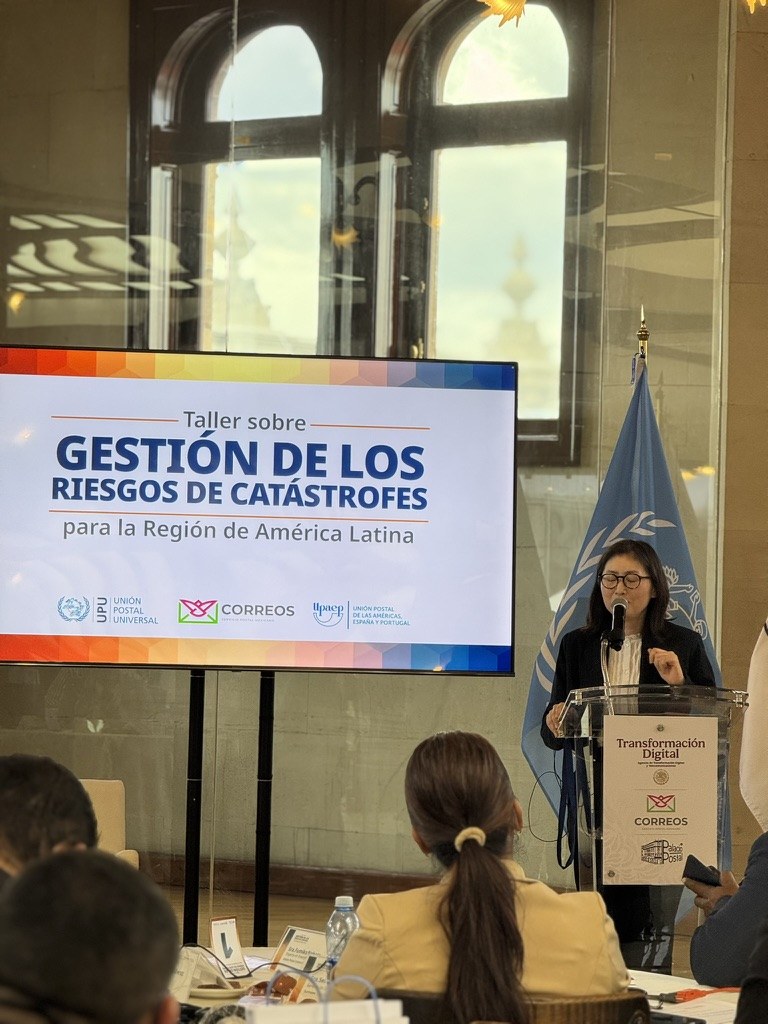 Ponente en podium durante el taller sobre gestión de riesgos de catástrofes